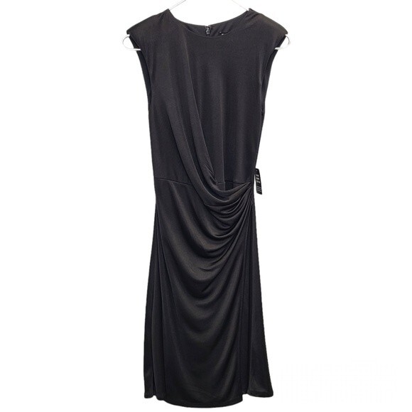 NWT EXPRESS Black Satin Cap Padded Shoulder Sleeve Ruched Dress XS - Picture 4 of 16